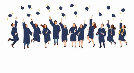 Diverse group of joyful graduates jumping and throwing their caps in the air, celebrating academic achievement and future success.