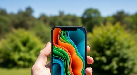 Photo of hand holding a smartphone with a colorful abstract wallpaper against a blurred green background