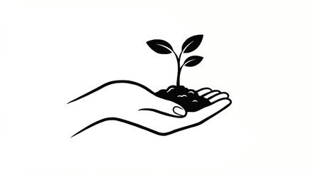 Simple black line art icon of a cupped hand holding a small sprout with four leaves in soil.
