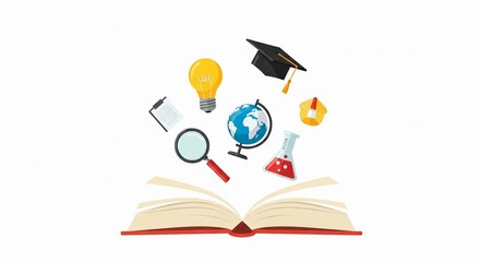 An open book with educational elements like a lightbulb, globe, and graduation cap, representing learning and knowledge on a white background.