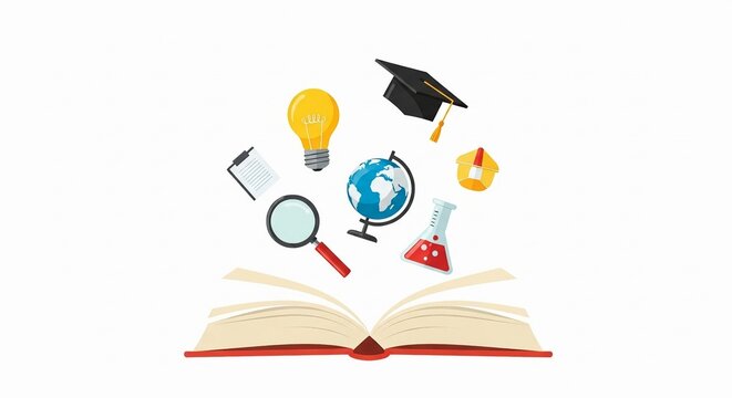 An open book with educational elements like a lightbulb, globe, and graduation cap, representing learning and knowledge on a white background.