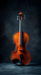 Fototapeta premium Violin centered against dark backdrop. Wooden instrument, rich amber hue. Detailed carving on headstock. Studio lighting