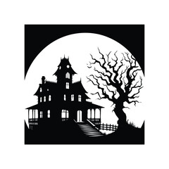 Haunted house vector silhouette line art logo design illustration