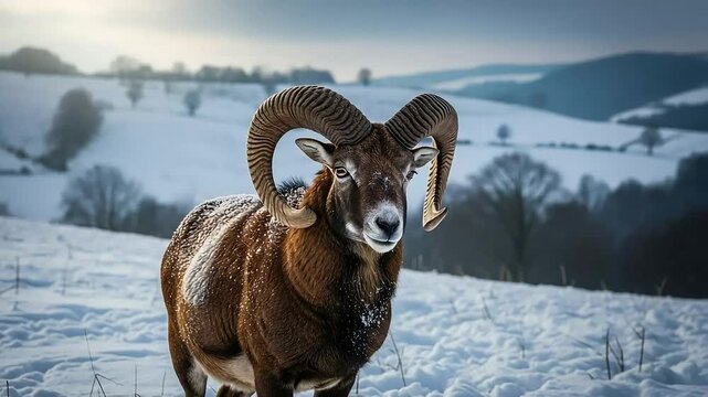 Majestic mouflon stands proudly in a snow-covered winter landscape scene
