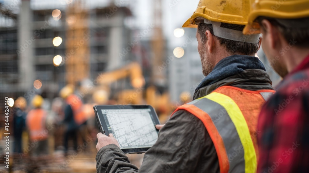 Poster everyone needs to be on the same page. shot of a group of architects using a digital tablet at a bui