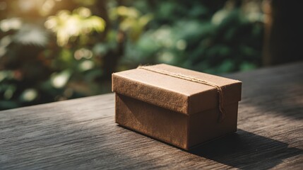 Kraft gift box rests on a wooden surface.