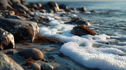 Obraz premium Close-up view of a rocky shoreline with gentle waves and foam lapping against smooth stones under clear water on a peaceful ocean coast scene