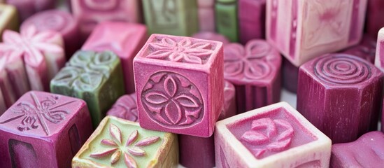 Close-up of various decorative, carved soaps with floral and geometric patterns, in a pile.