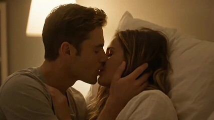 Romantic couple in bed looking at each other love intimate moment romance relationship happy together close up on transparent background