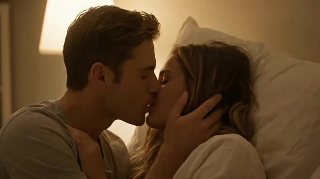 Romantic couple in bed looking at each other love intimate moment romance relationship happy together close up on transparent background