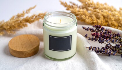 Frosted glass candle jar mockup with black label wooden lid dried lavender and wheat on white cloth