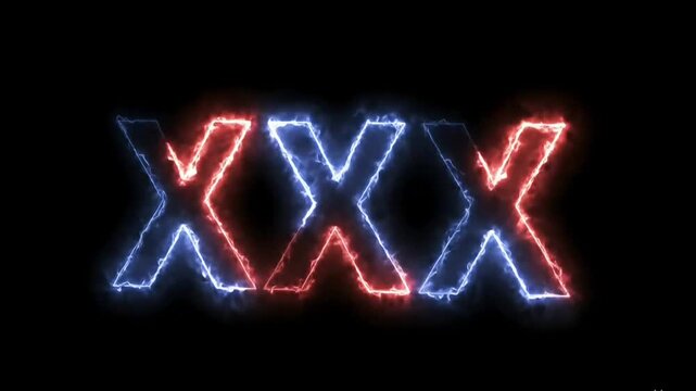 Neon xxx animation glowing red and blue electric sign on black background for graphic design element on transparent background