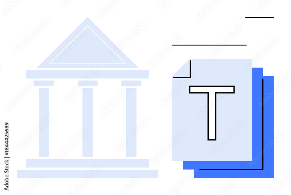 Poster classical building with columns next to overlapping pages symbolizing documents. ideal for law, gove