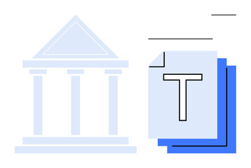 Classical building with columns next to overlapping pages symbolizing documents. Ideal for law, government, compliance, contracts, education, data management, process workflows, simple landing page