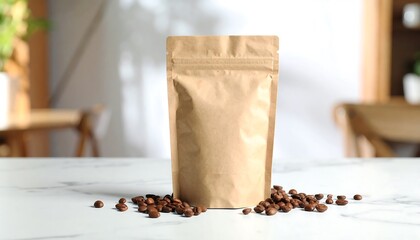 Kraft paper pouch mockup with zip lock seal standing upright with coffee beans on a white marble surface