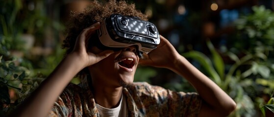 Excited Person Wearing VR Headset in Lush Greenery.