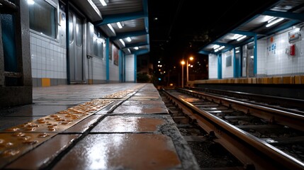 Empty Subway Station Platform at Night Rails Lights.