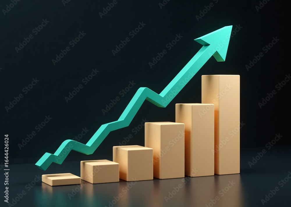 Poster a 3d rendered bar chart with an upward-pointing arrow illustrating continuous growth, financial prog