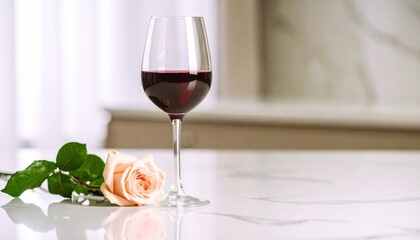 A beautiful arrangement featuring a glass of red wine and a pink rose on a marble surface, creating an elegant and romantic ambiance.