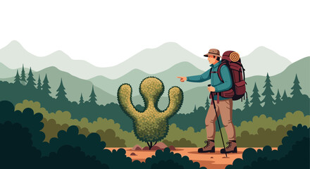 Illustrative vector art of a hiker exploring a lush mountain landscape with distinctive vegetation