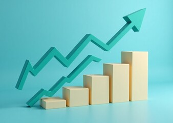 A vivid 3D bar chart illustrating increasing progress and success with an upward trend arrow on a clean blue background.
