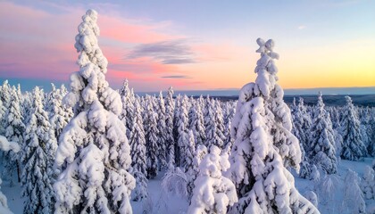 Breathtaking winter landscape with snow-laden pine trees under a beautiful pastel sunset sky