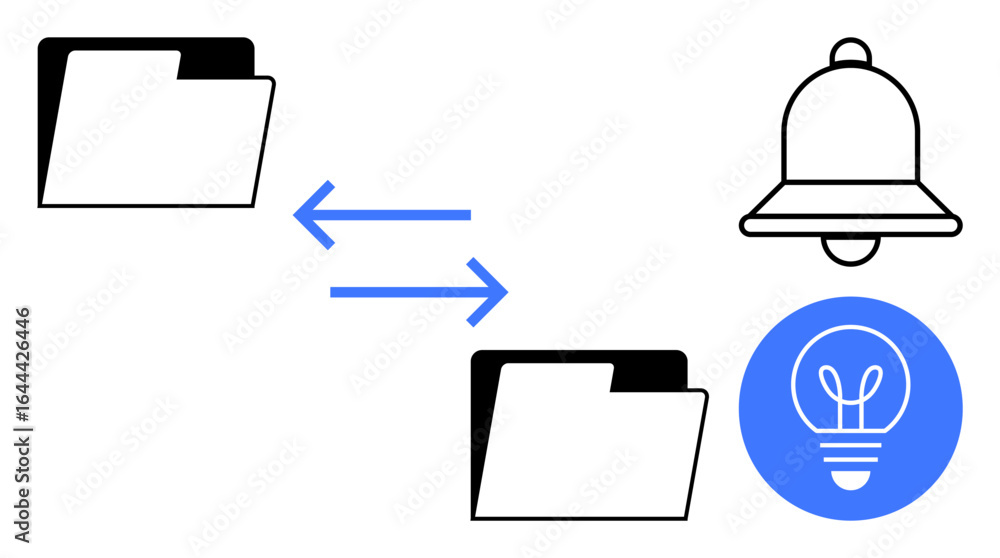 Poster folder icons with arrows indicating file transfer, a bell symbolizing notifications, and a bulb for 