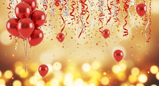 Festive celebration background with red balloons streamers and bokeh lights creating a joyous mood