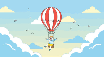 Joyful adventure illustration of a child flying in a hot air balloon over a landscape of clouds and birds