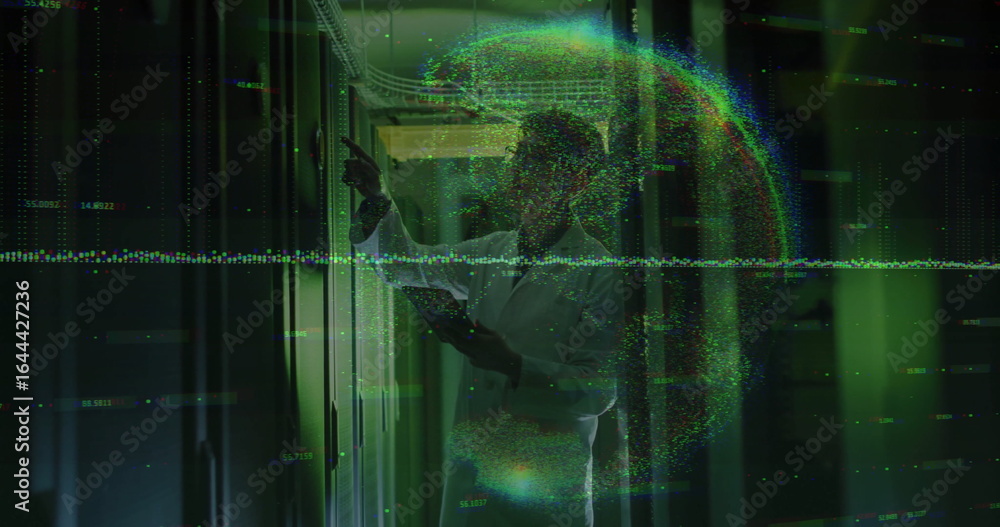 Poster pointing lab-coated technician holding tablet in server room with floating data streams and globe