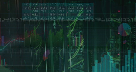 Displaying server rack with network switches, multicolored cables in data center, digital overlays