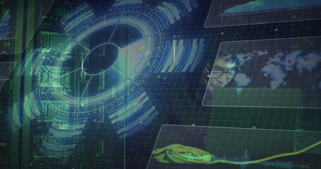 Projecting hologram interface over grid in data center with racks or panels showing map graph portra