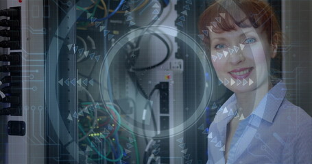 IT technician inspecting network switch cables in data center, with server rack, copy space