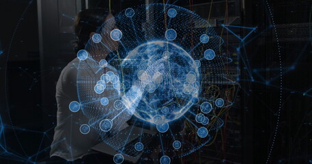 Monitoring female technician configuring racks, patch panels in data center, with holographic globe