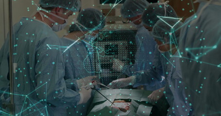 Performing medical team wearing gowns operating on patient in OR with digital network overlay