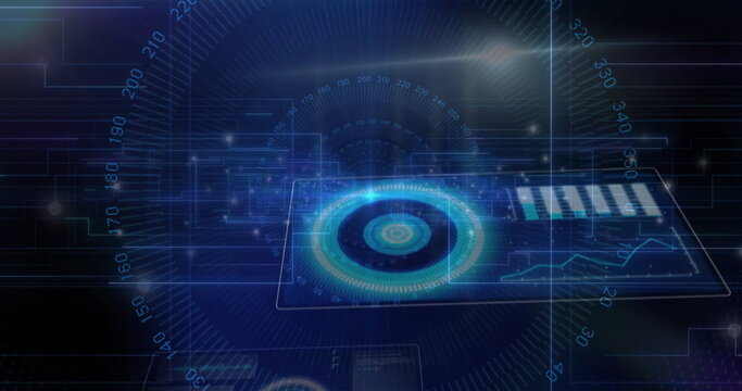 Floating translucent panel presenting interface in virtual space, with circular gauge and charts