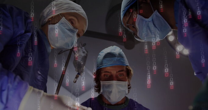 Three surgeons in scrubs leaning over patient in operating room, with scalpel and binary overlay - Powered by Adobe