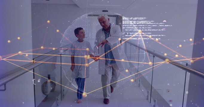 Walking scientist and boy examining holographic globe with code in corridor with glass railings