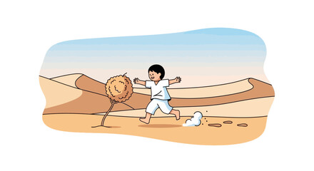 Joyful Childhood Adventure: Little Boy Running Freely in a Desert Landscape Illustration
