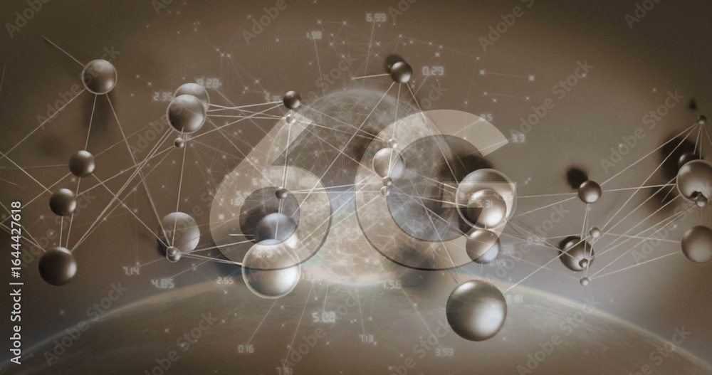 Poster 3d network floating over planet horizon, with faint 6g overlay and spheres linked by white lines