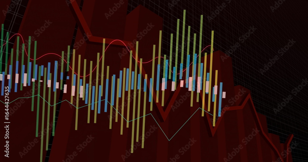 Poster displaying 3d red columns and multicolored bar segments over black grid backdrop, with trend lines