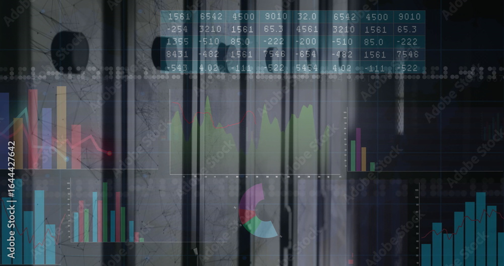 Poster displaying digital dashboard at data center with colored bar charts, line graphs, numeric data grid