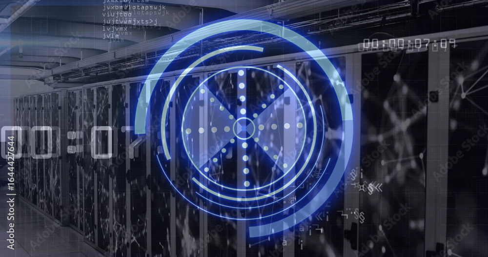 Poster displaying translucent blue interface on server cabinets in data center hall, showing timers
