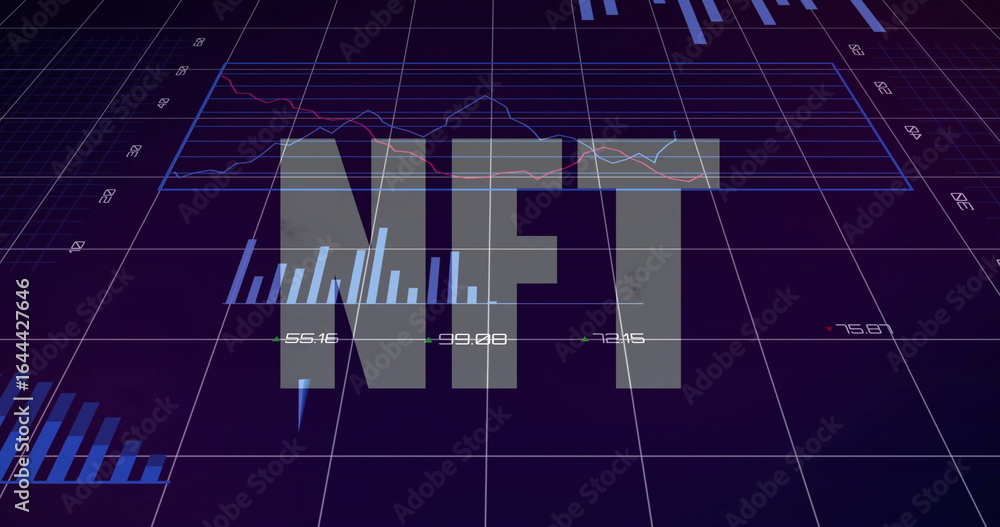 Poster displaying semi-transparent nft floating over 3d grid dashboard, with bar charts and line graphs