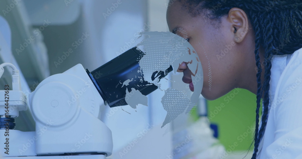 Poster peering scientist in lab coat examining sample using lab microscope, world map overlay, copy space