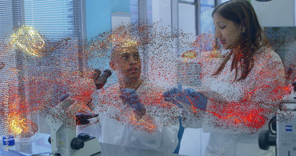 Poster examining woman scientist holding sample container while colleague studies with microscope in lab