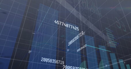 Rendering holographic numeric data figures and wireframe grid in 3D interface, with data bars
