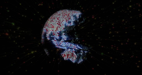 Radiating spherical digital globe streaming colored dots in dark void, with thin light rays