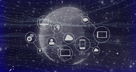 Displaying dotted 3D globe mesh in cyberspace, with device icons, cloud, gear and avatar icons