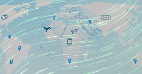 Displaying globe outline in digital network, showing blue location pins and communication icons